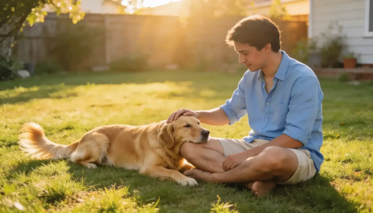 A man in a blue shirt gently strokes a relaxed Golden Retriever lying on lush green grass in bright golden hour sunlight