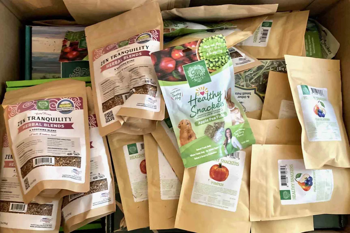 Box full of snackers and more Assortment of Healthy Snackers, herbal blends and hay from Small Pet Select.