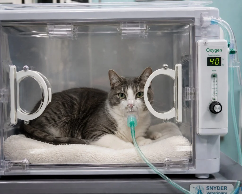 An AI-generated illustration of a cat in a kennel for oxygen supplementation.