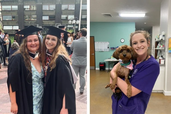 A photo collage showing a female veterinarian graduation vet school, and then holding a dog in the clinic.