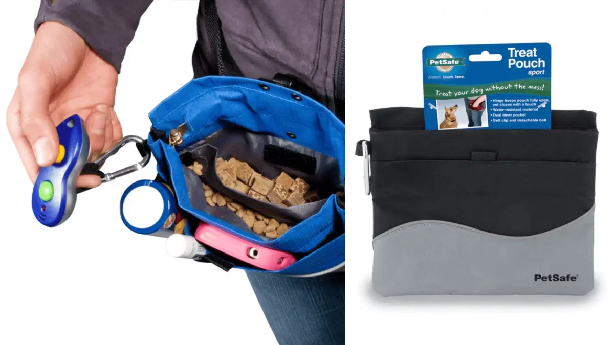 A person holds a PetSafe Treat Pouch Sport with dog stuff inside the bag